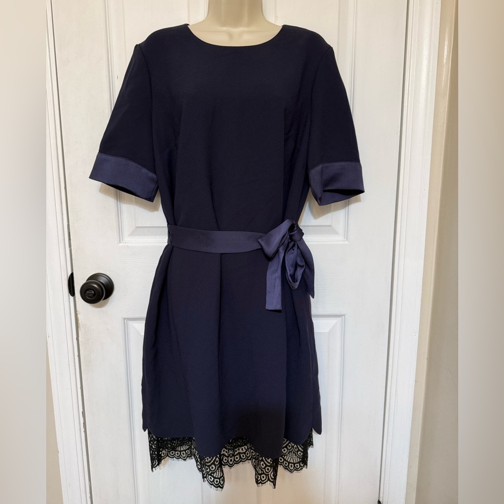 NWT Tommy Hilfiger Navy Lace Hem Belted Midi Dress Size 14 - Picture 3 of 5